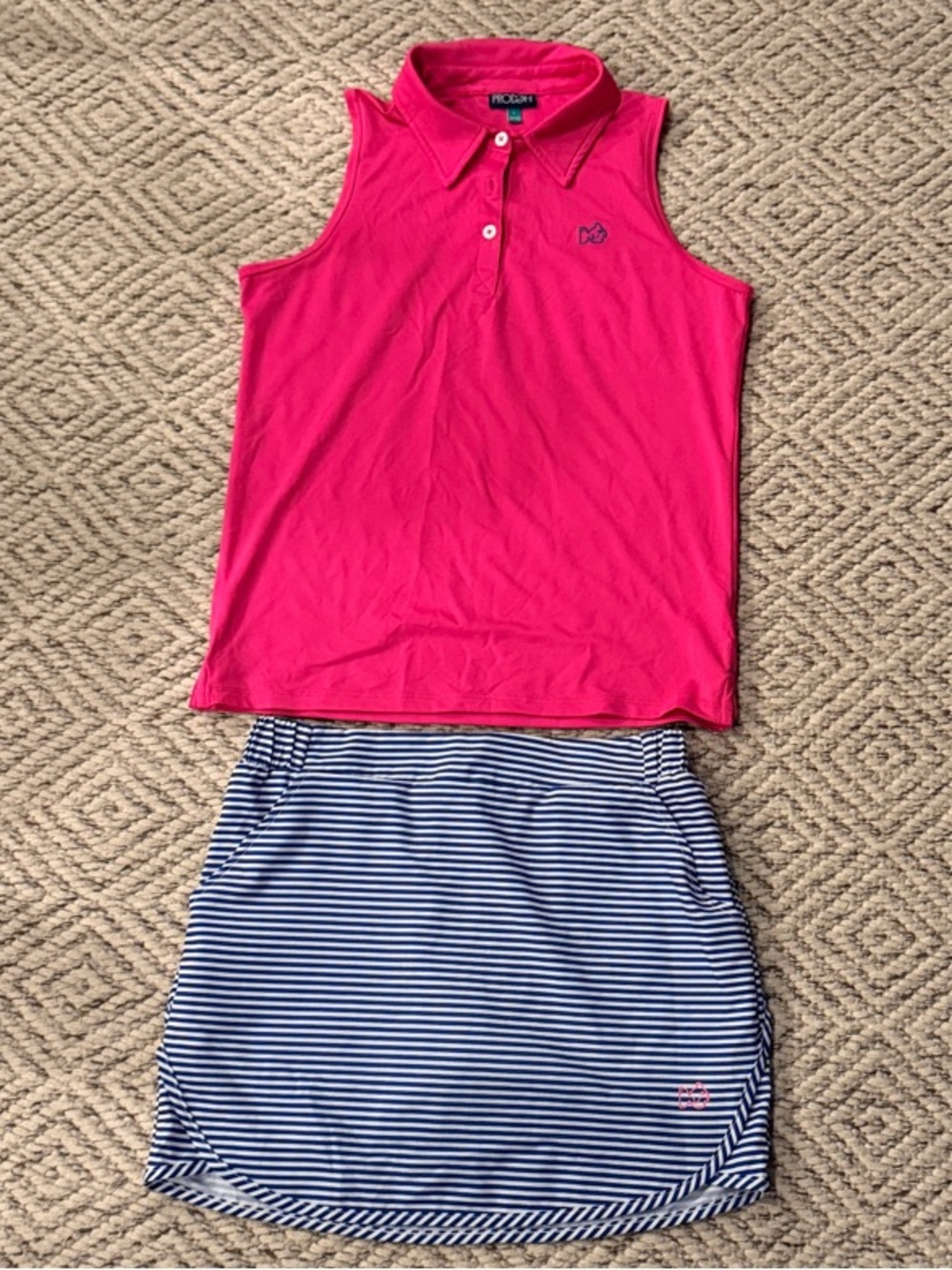 Kids Sleeveless Pink Polo Top & Navy Striped Skirt Matching Set